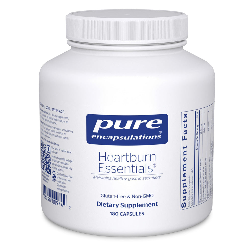 Pure Encapsulations Heartburn Essentials bottle caps for on-the-go digestion support.