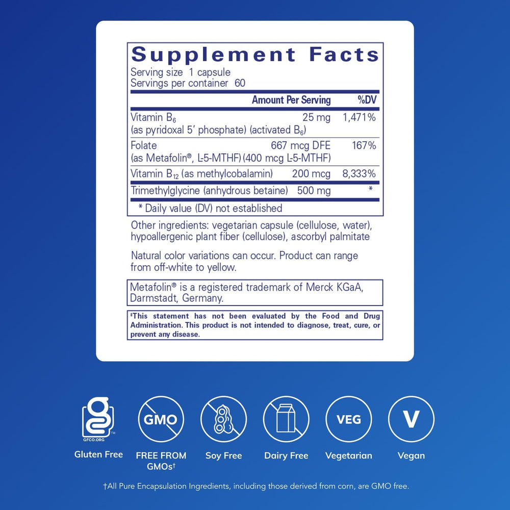 Homocysteine Factors ingredients label shows B6, B12, folate, and betaine