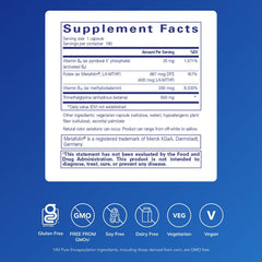 Pure Encapsulations Homocysteine Factors label closeup highlighting key vitamins and metabolism support
