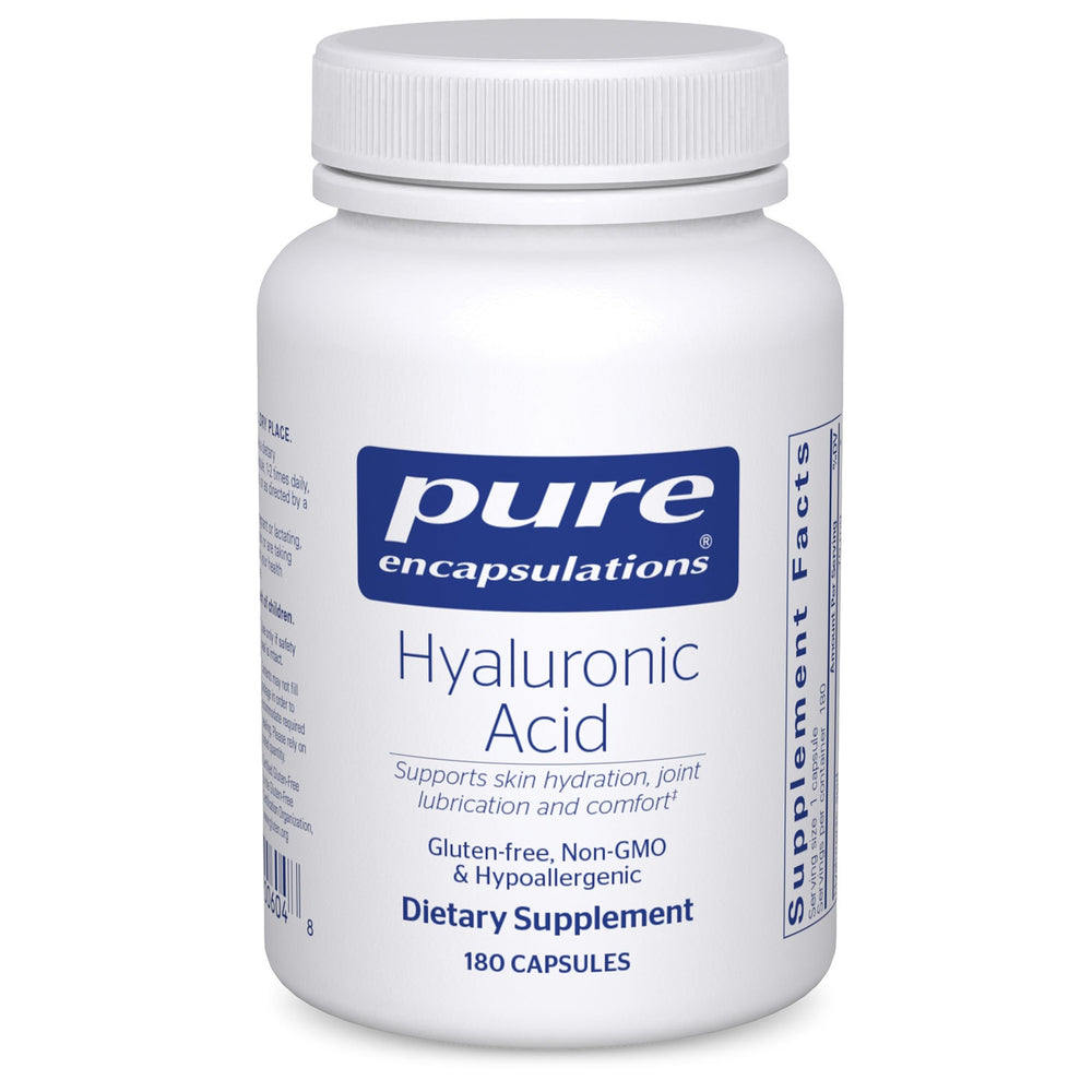 Pure Encapsulations Hyaluronic Acid bottle highlighting skin hydration and joint support.