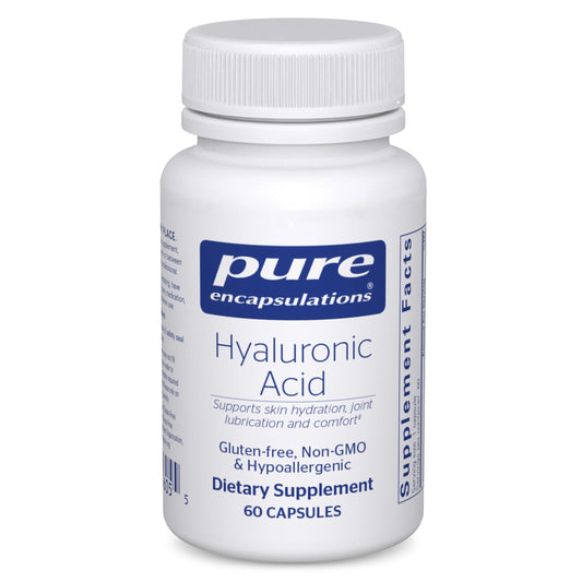 Pure Encapsulations Hyaluronic Acid bottle showing label for skin hydration and joint support.