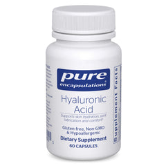 Pure Encapsulations Hyaluronic Acid bottle showing label for skin hydration and joint support.