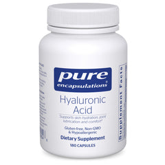 Pure Encapsulations Hyaluronic Acid bottle highlighting skin hydration and joint support.