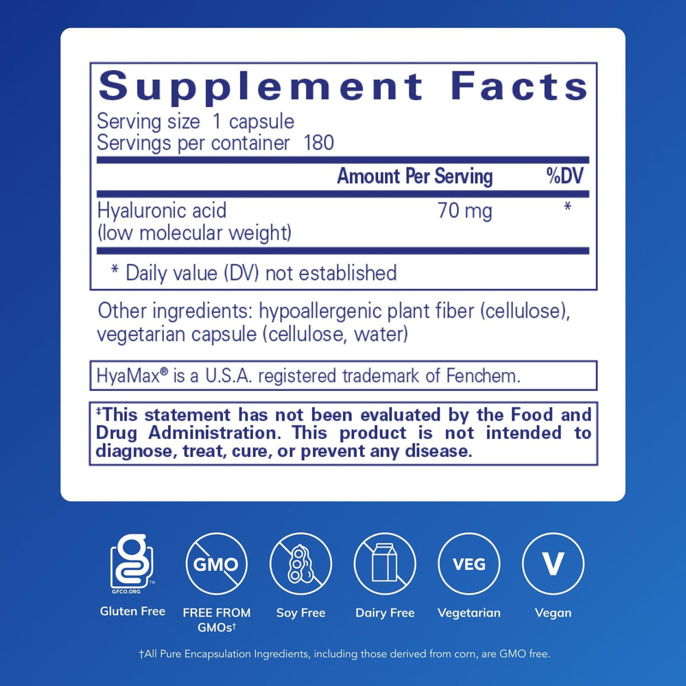 Pure Encapsulations Hyaluronic Acid capsules prepared for daily skin and joint care.