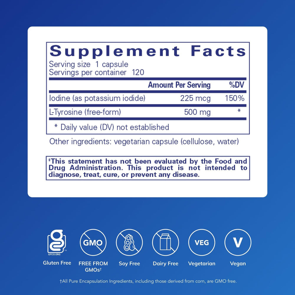 Pure Encapsulations Iodine and Tyrosine label highlighting hypoallergenic formula