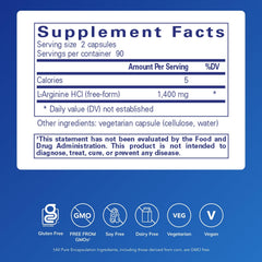 Pure Encapsulations L-Arginine bottle label visible, daily support for circulation.