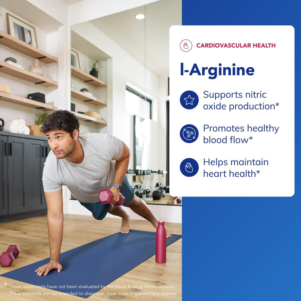 L-Arginine capsules being poured from bottle for daily use.