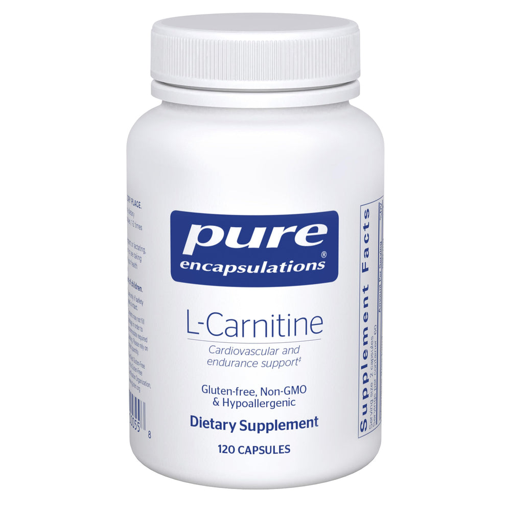 Pure Encapsulations L-Carnitine bottle on white display for daily cardiovascular support
