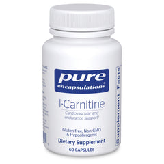 Pure Encapsulations L-Carnitine bottle highlighting cardiovascular-friendly hypoallergenic ingredients