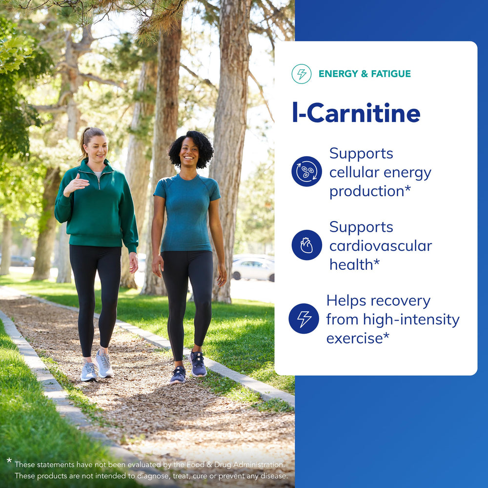 Pure Encapsulations L-Carnitine label panel emphasizing stabilized L-Tartrate for daily use