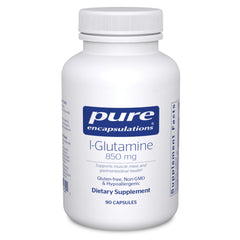Pure Encapsulations L-Glutamine 850 mg bottle close-up highlighting gut support.