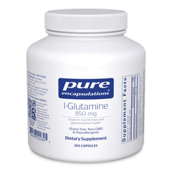 Pure Encapsulations L-Glutamine 850mg bottle close-up for gut health support.