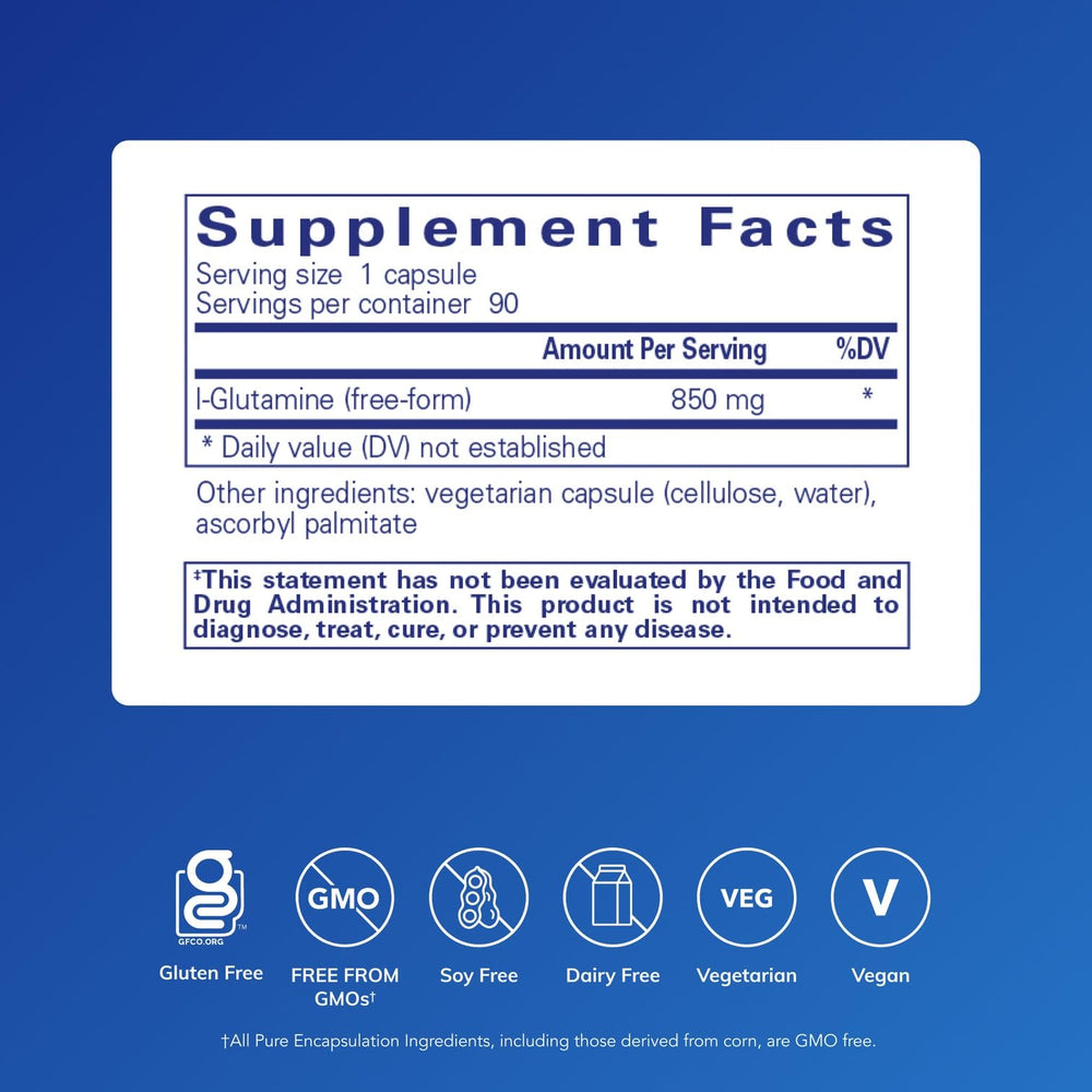 Pure Encapsulations L-Glutamine 850 mg capsules on packaging for lean muscle maintenance.