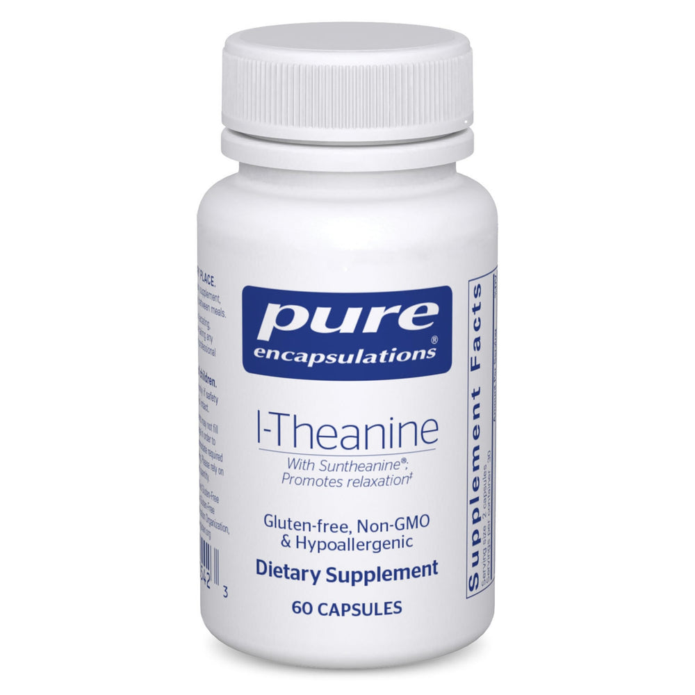 Pure Encapsulations L-Theanine bottle ready for a calm daily routine and relaxation.