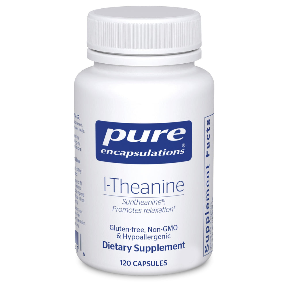 Pure Encapsulations L-Theanine capsules in bottle promote relaxed focus without drowsiness.