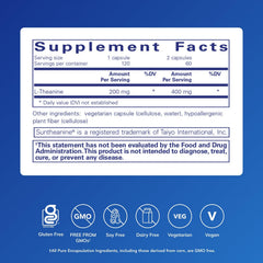 Pure Encapsulations L-Theanine label closeup highlights clean, allergen-free ingredients.