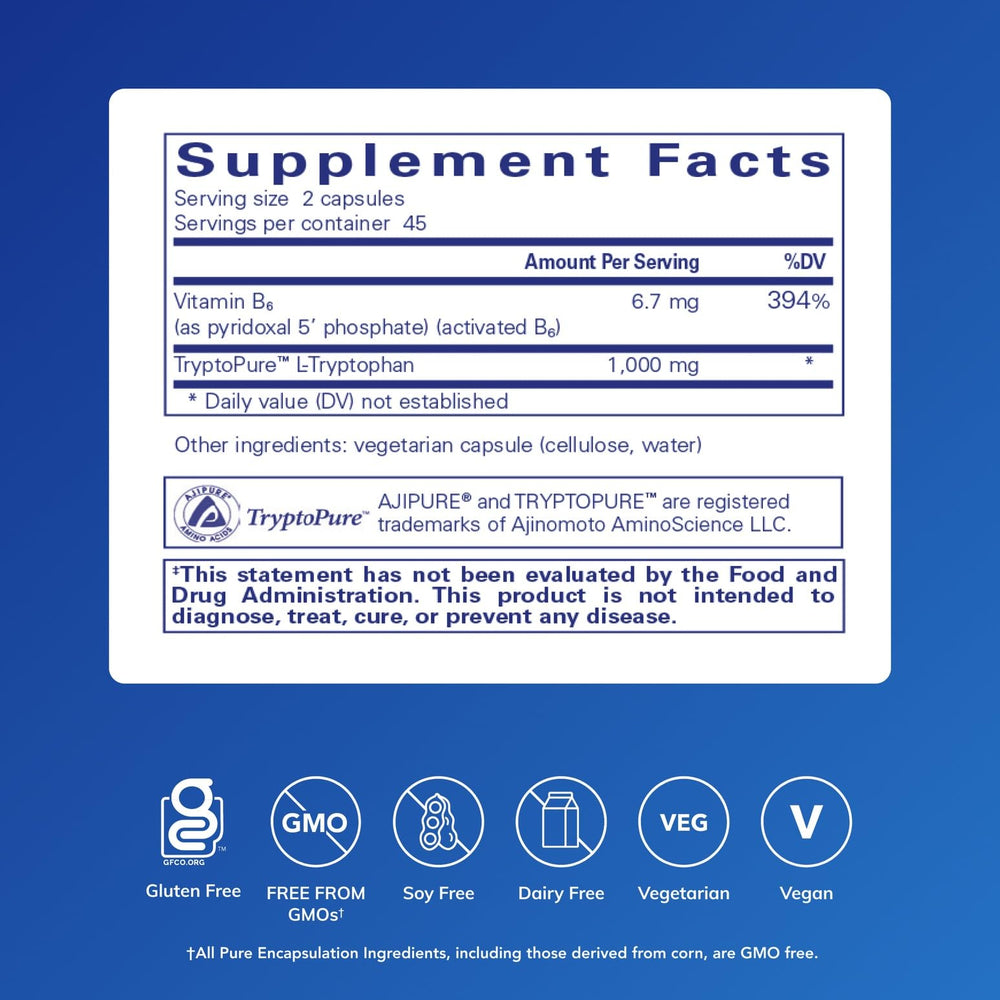 Pure Encapsulations L-Tryptophan bottle front for sleep-friendly routines.