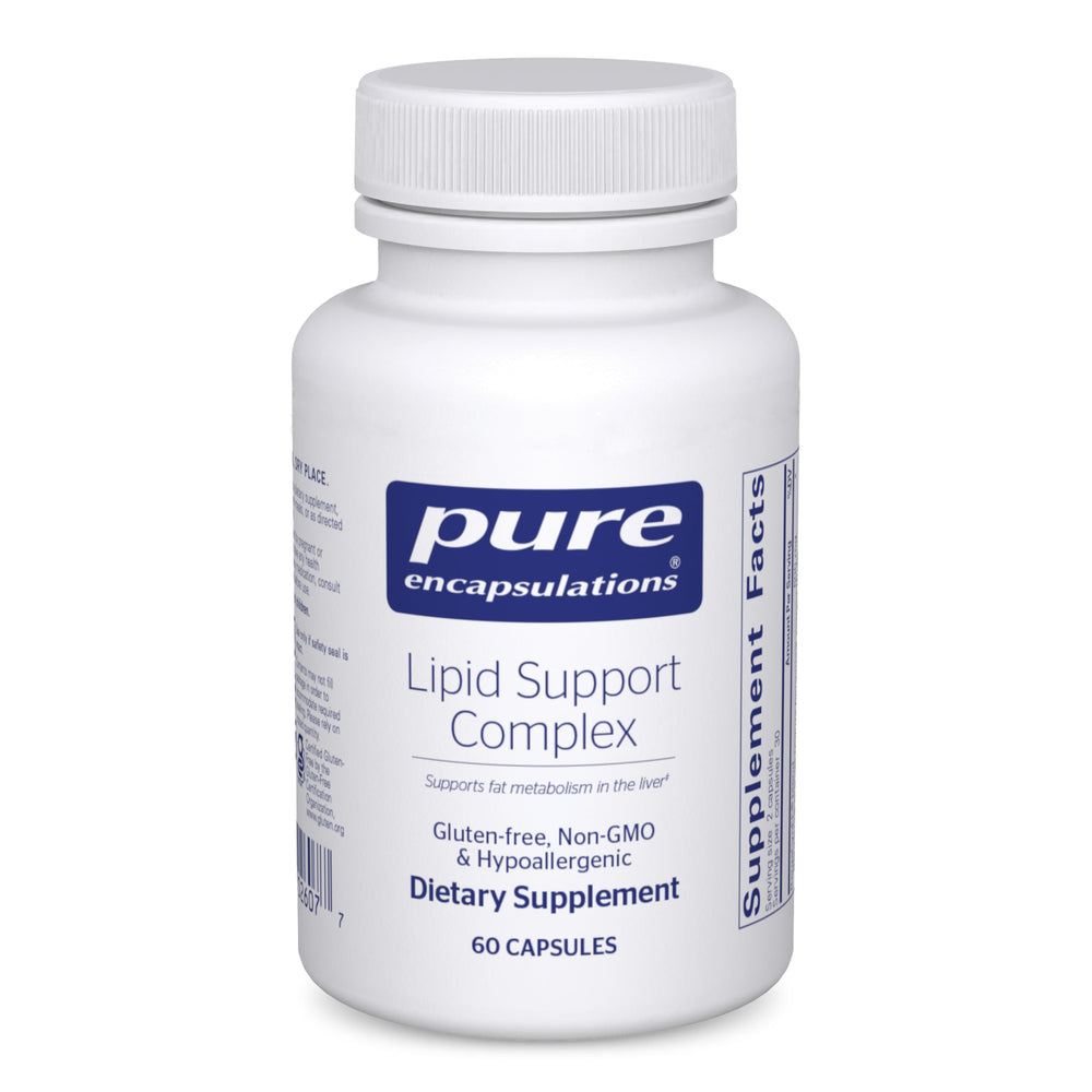 Pure Encapsulations Lipid Support Complex bottle highlighting liver health support.