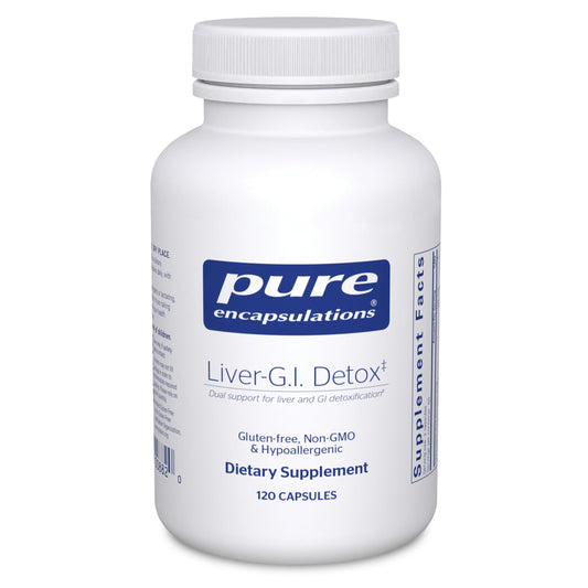 Pure Encapsulations Liver-G.I. Detox bottle on a shelf supports natural liver detox
