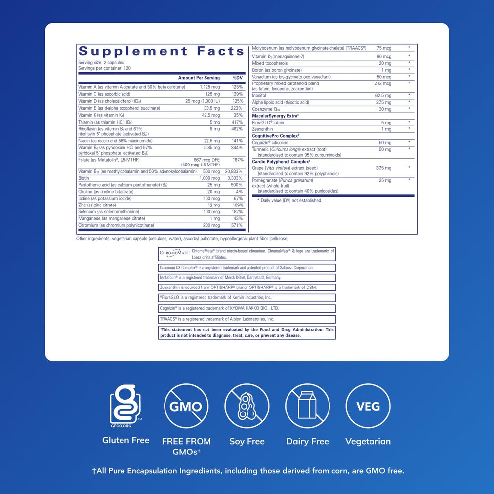 Pure Encapsulations Longevity Nutrients bottle back label highlighting potency and purity.