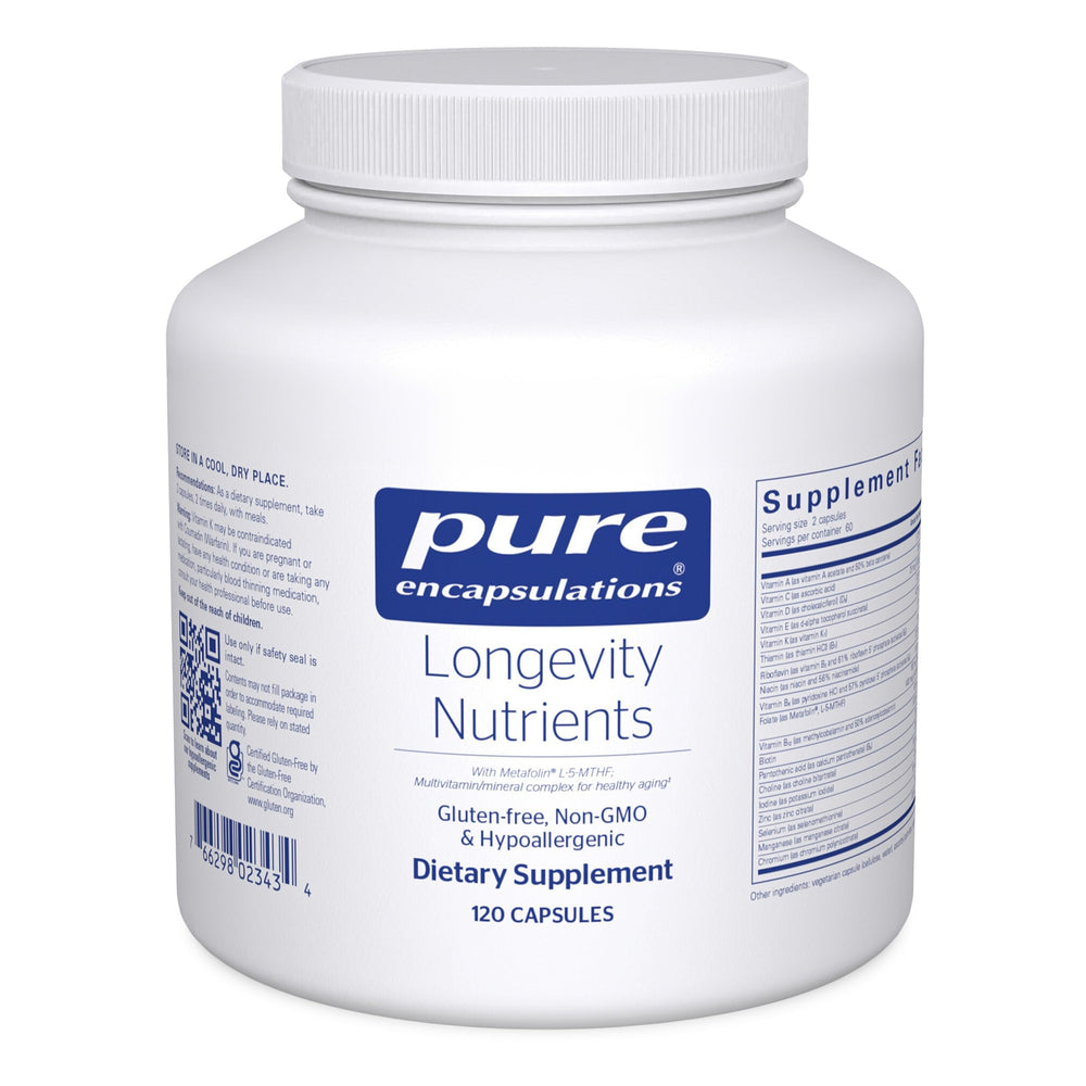 Pure Encapsulations Longevity Nutrients bottle front supports aging and bone health.