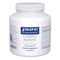 Pure Encapsulations Longevity Nutrients bottle front supports aging and bone health.