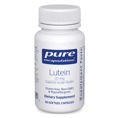 Pure Encapsulations Lutein 20 mg softgel bottle close-up, highlighting premium antioxidant support.
