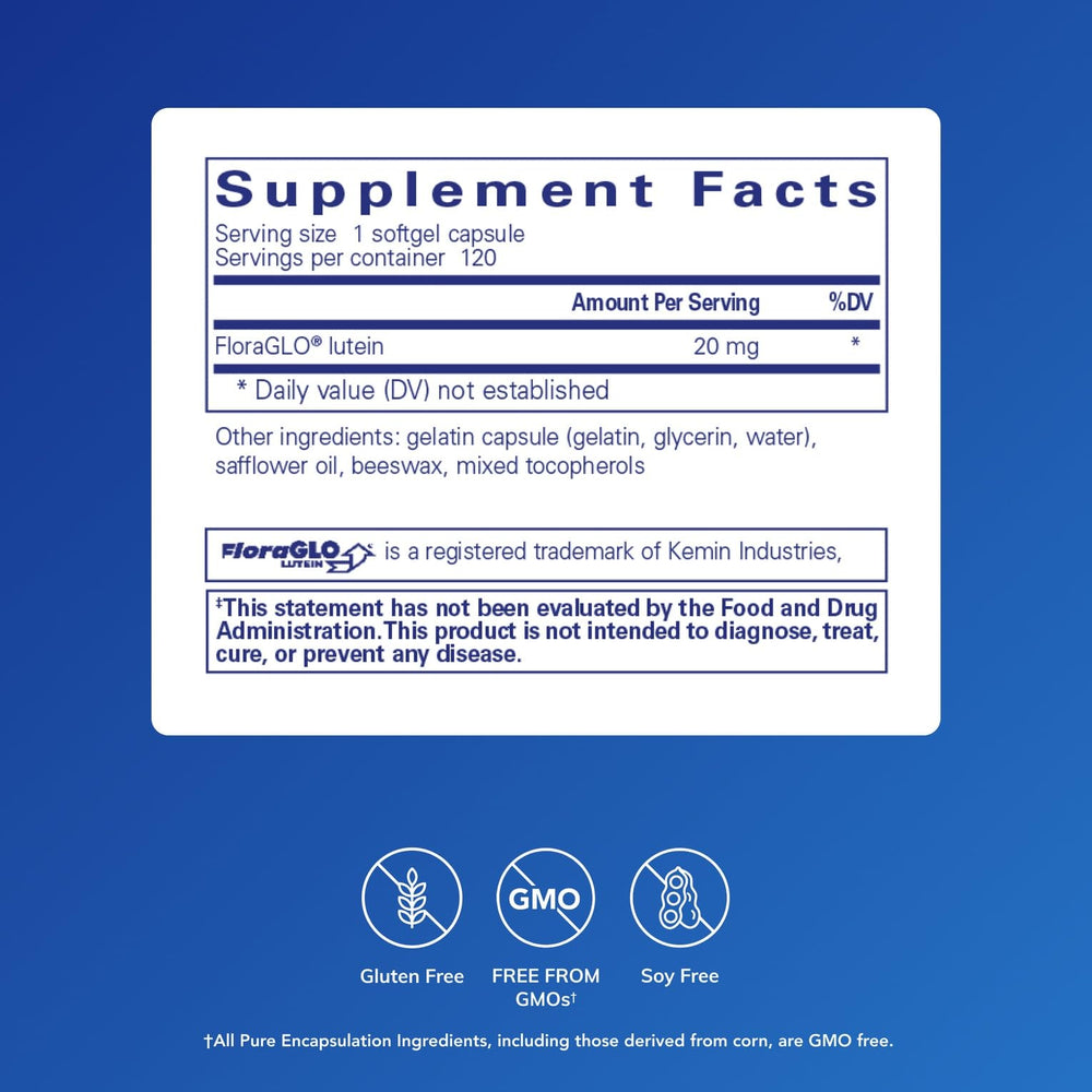 Pure Encapsulations Lutein 20 mg softgel jar label highlighting antioxidant protection