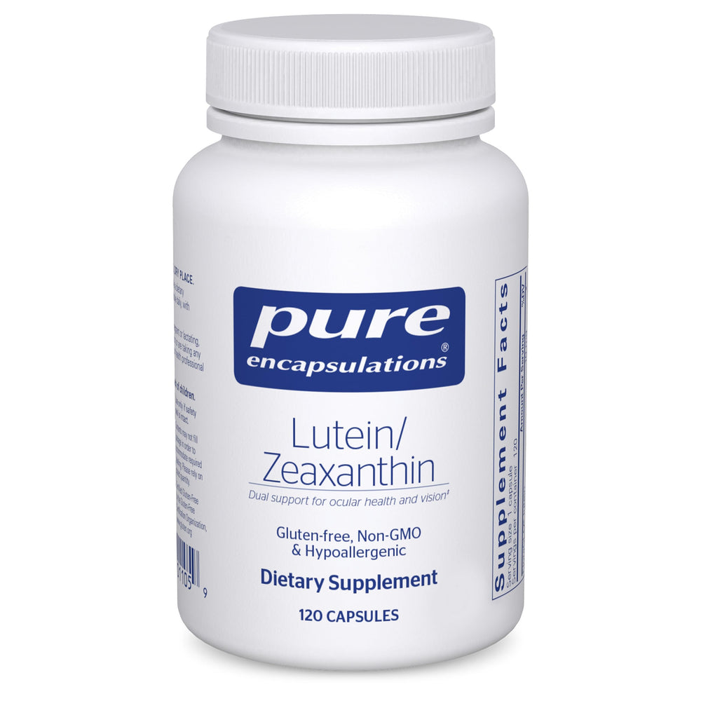 Pure Encapsulations lutein-zeaxanthin capsules eye-health bottle supports daily vision comfort.