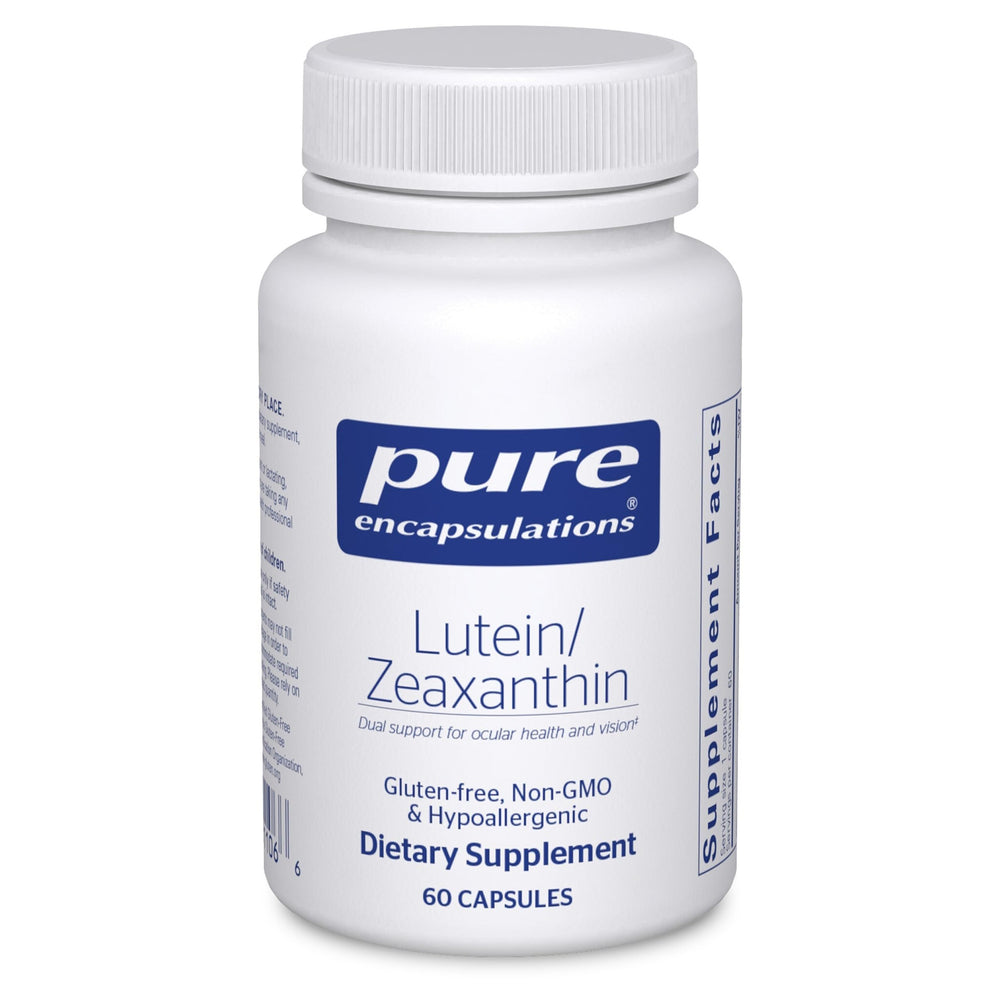 Pure Encapsulations Lutein & Zeaxanthin softgels on white background support eye comfort.
