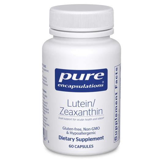 Pure Encapsulations Lutein & Zeaxanthin softgels on white background support eye comfort.