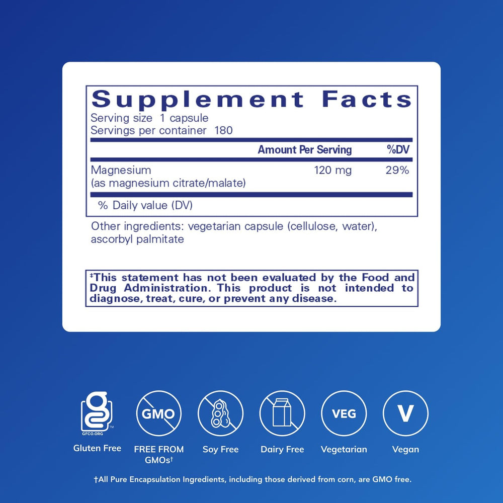 Pure Encapsulations Magnesium Citrate Malate capsules close-up for easy daily use.