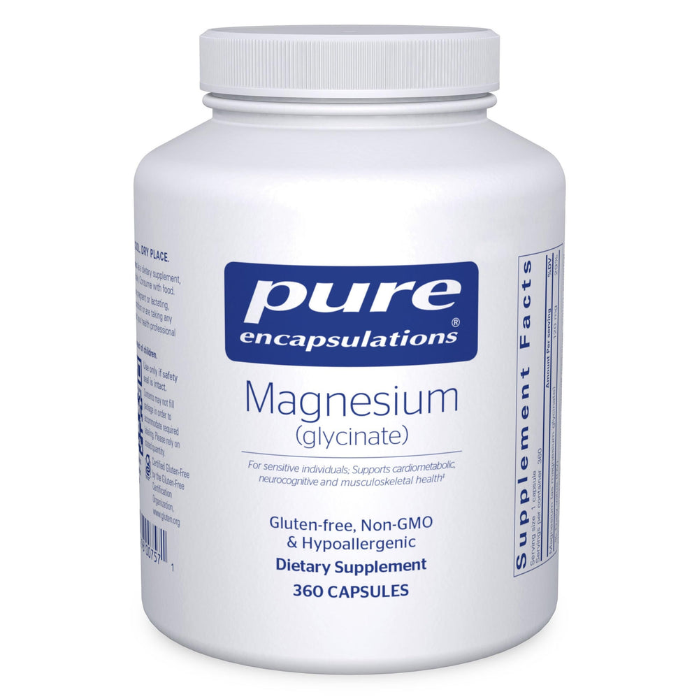 Pure Encapsulations Magnesium Glycinate bottle front with capsules for daily stress and sleep support
