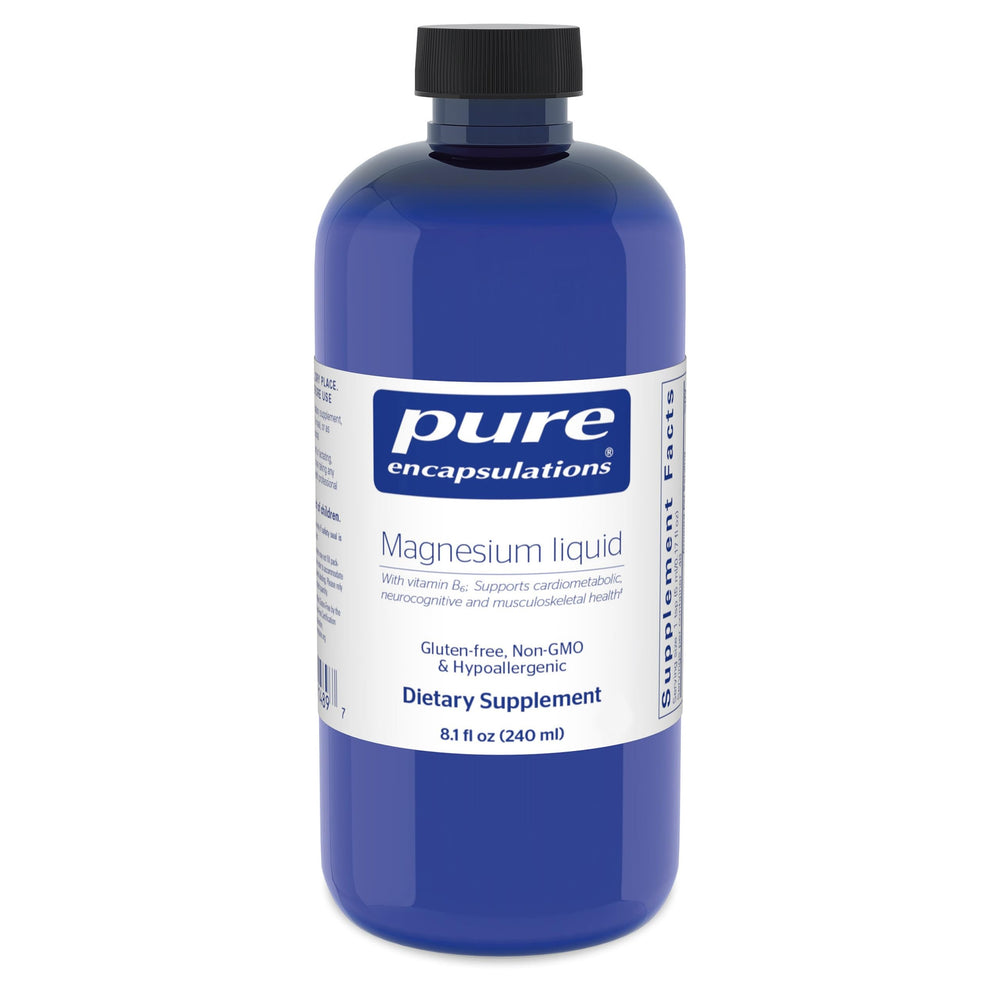 Pure Encapsulations Magnesium Liquid bottle shows hypoallergenic formula for daily musculoskeletal support