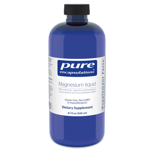 Pure Encapsulations Magnesium Liquid bottle shows hypoallergenic formula for daily musculoskeletal support