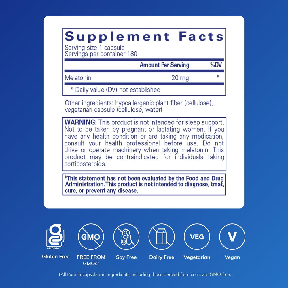 Pure Encapsulations Melatonin 20 mg bottle being poured with capsules visible for easy dosing