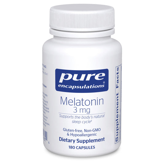 Pure Encapsulations Melatonin 3 mg bottle on shelf supports natural sleep cycles.