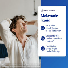 Pure Encapsulations Melatonin Liquid bottle with dropper dispensing into glass at night.