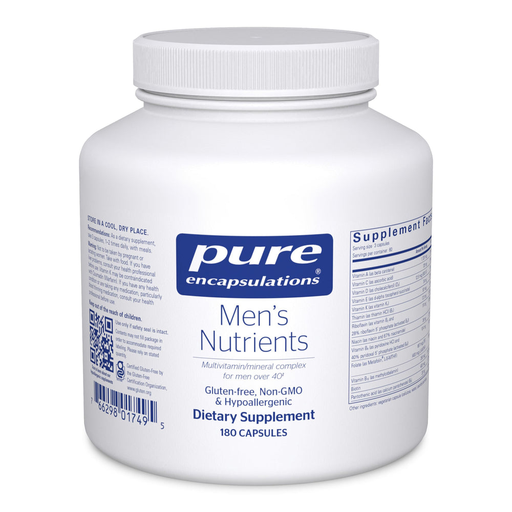 Pure Encapsulations Men's Nutrients bottle front shows a premium multivitamin for men over 40.