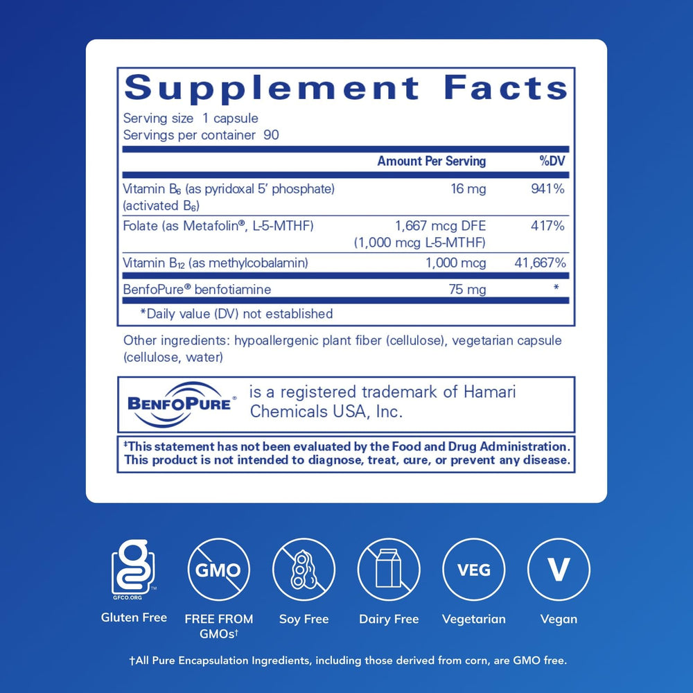Pure Encapsulations MethylAssist 90's bottle back emphasizes non-GMO and gluten-free qualities