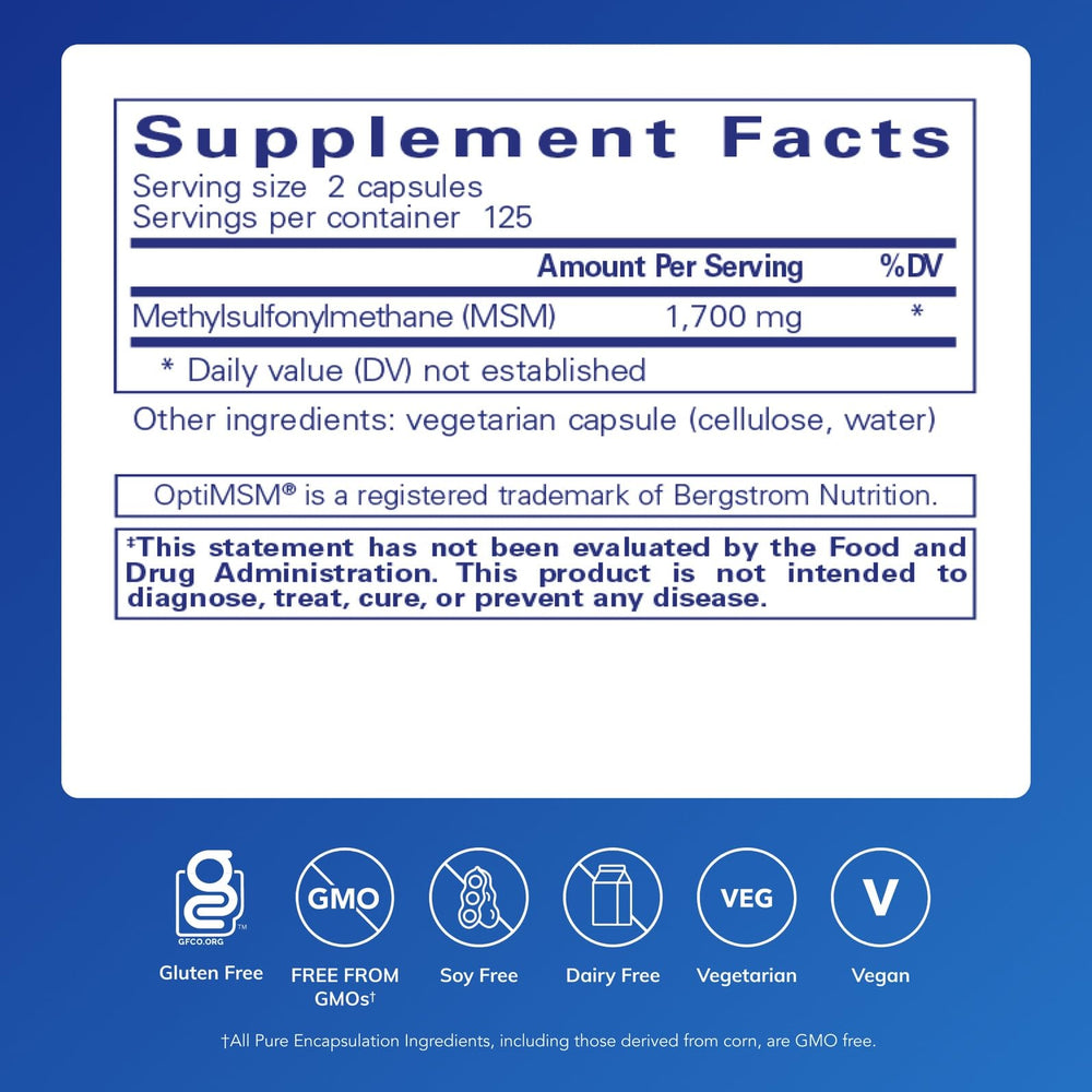 Pure Encapsulations MSM capsules label closeup highlighting purity and potency.