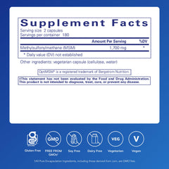 Pure Encapsulations MSM label closeup highlighting purity and allergen-free formulation.