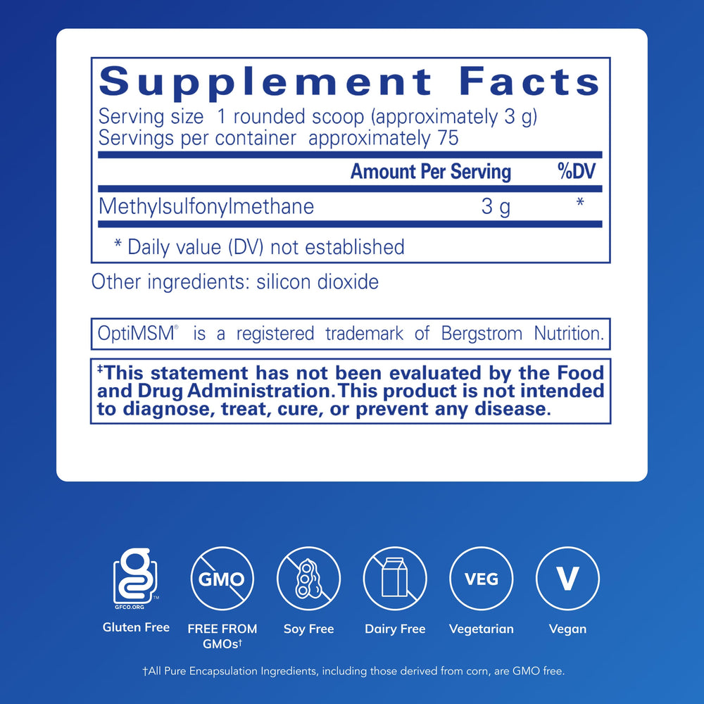 Pure Encapsulations MSM powder packaging highlights premium hypoallergenic formula for immune support.