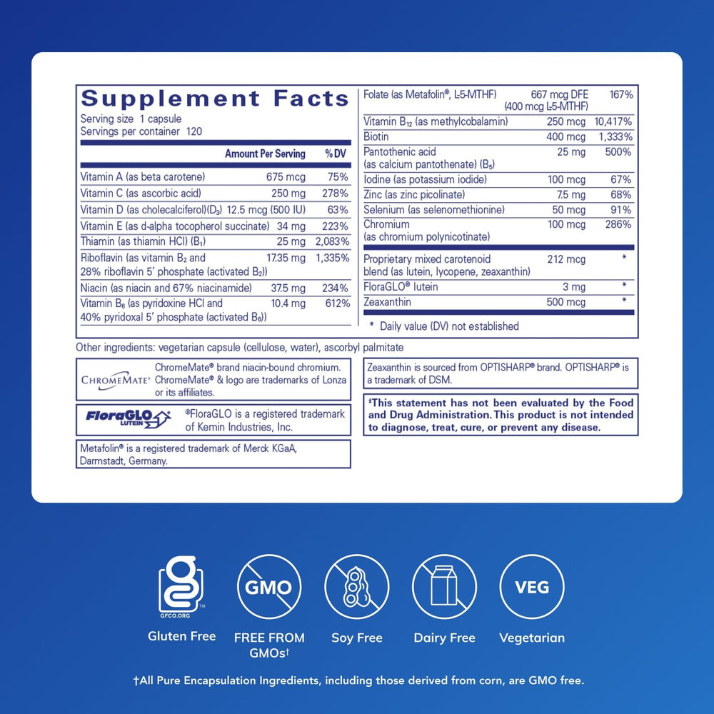 Close-up of Multi T/D capsules highlighting vegetarian-friendly tablets.