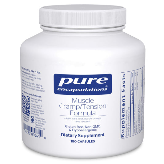 Pure Encapsulations Muscle Cramp/Tension Formula bottle supports occasional cramps.