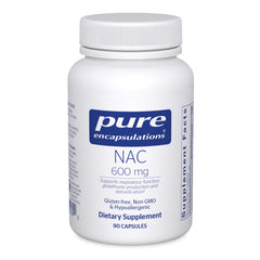 Pure Encapsulations NAC 600 mg bottle front shows clean label for easy supplement choice and antioxidant support.