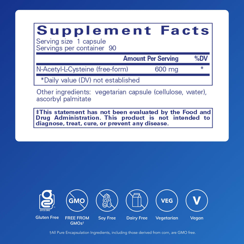 Pure Encapsulations NAC 600 mg capsules closeup highlights evenly sized capsules for convenient daily immune support.