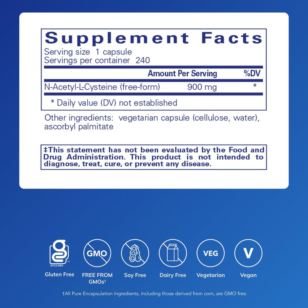 Pure Encapsulations NAC 900 mg capsules closeup highlighting high-quality amino acid supplement