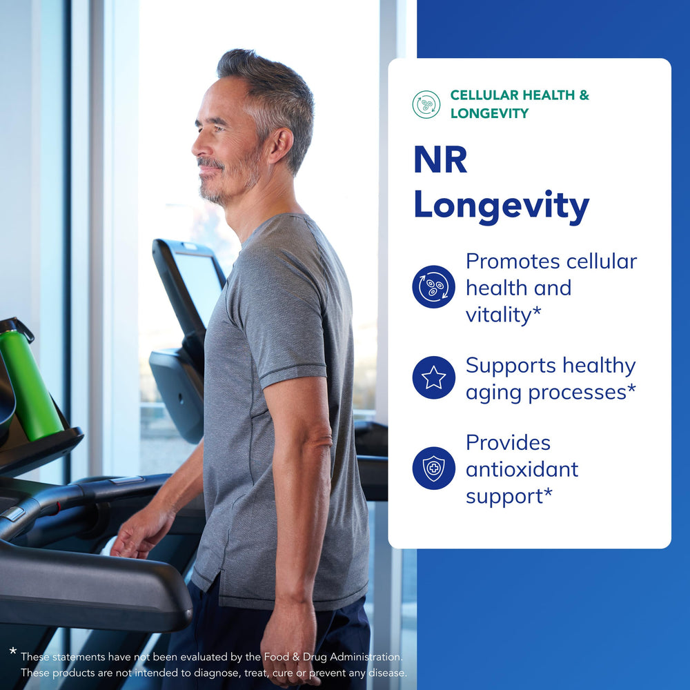 Close-up of NR Longevity label highlighting NIAGEN and antioxidants inside.