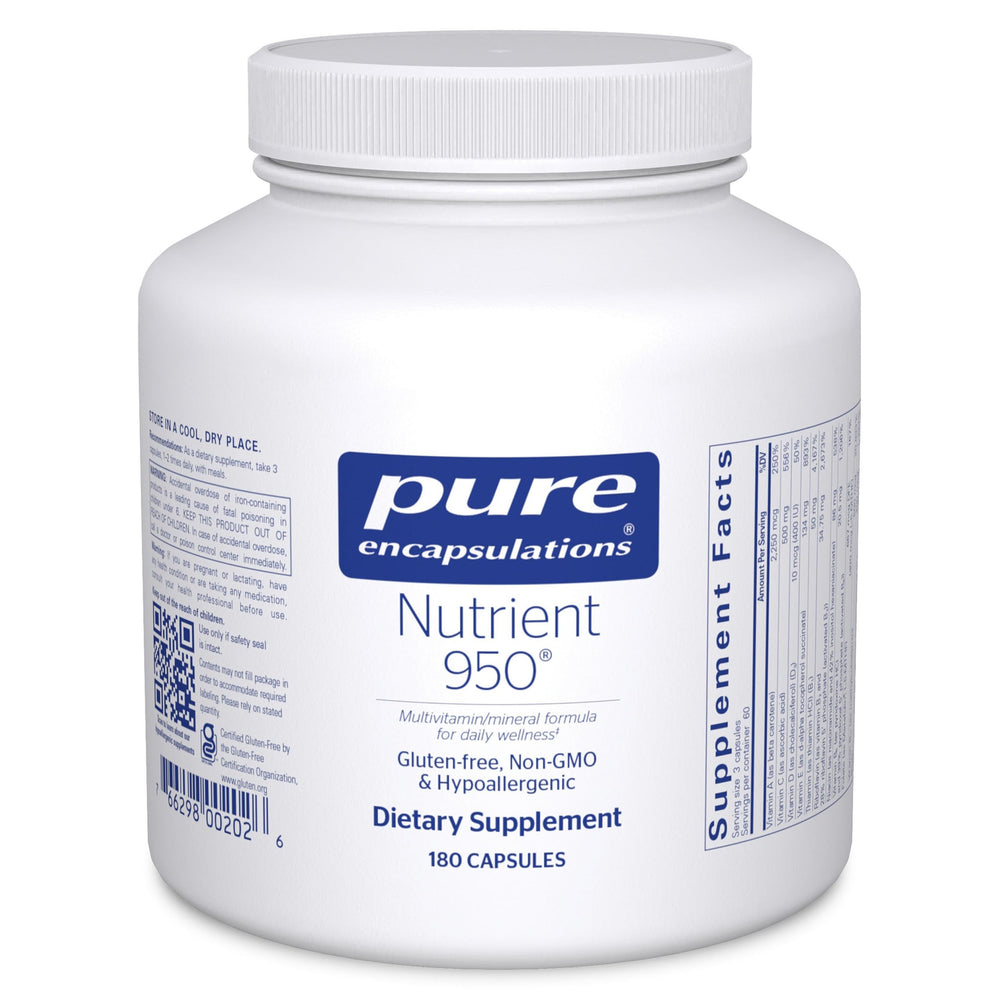 Pure Encapsulations Nutrient 950 bottle front highlights comprehensive vitamin and mineral support.